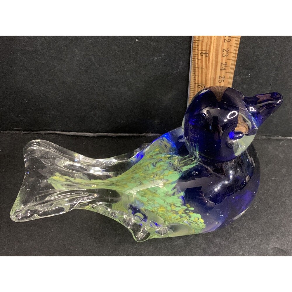 Art Glass Bird Paperweight Blue Green Yellow - Picture 5 of 6